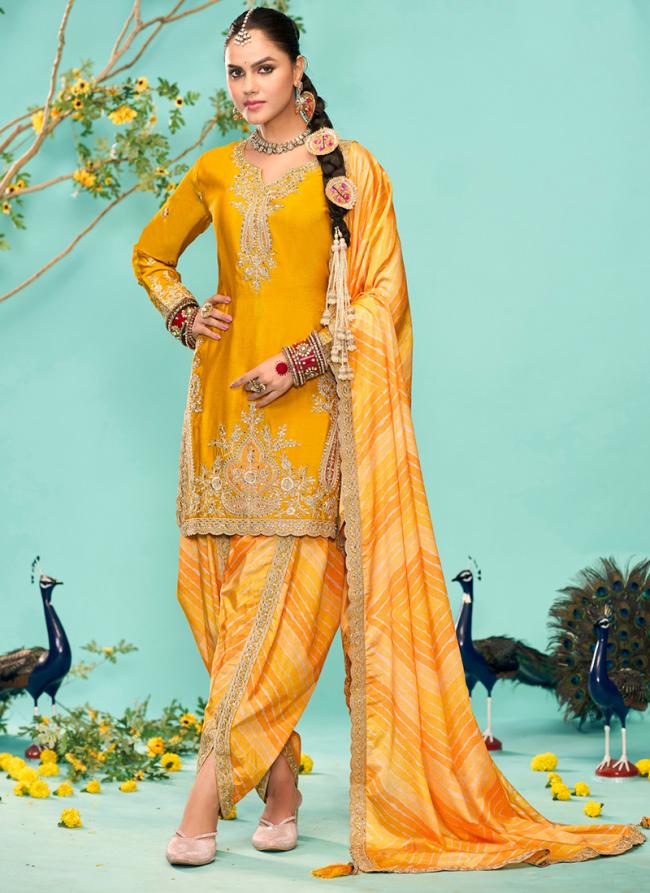 Premium Chinnon Mustard Wedding Wear Printed Readymade Dhoti Suit